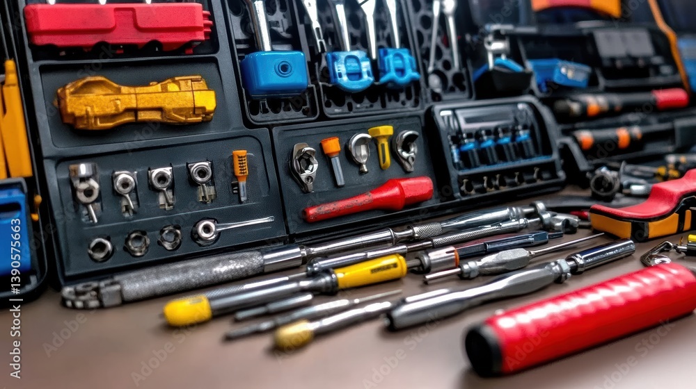 Professional tools kit neatly arranged on workbench, ready for mechanic's use Professional tools kit neatly arranged on workbench, ready for mechanic's use