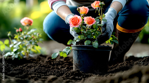 Gardener Planting a Rose Plant in a Pot Premium  Image for Floral Care, Outdoor Activities, and Botanical Themes