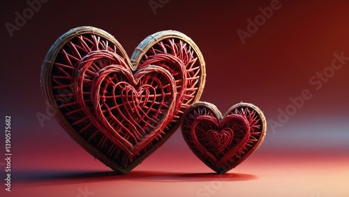 Two crafted red hearts placed on a gradient red paper backdrop. Copy space.