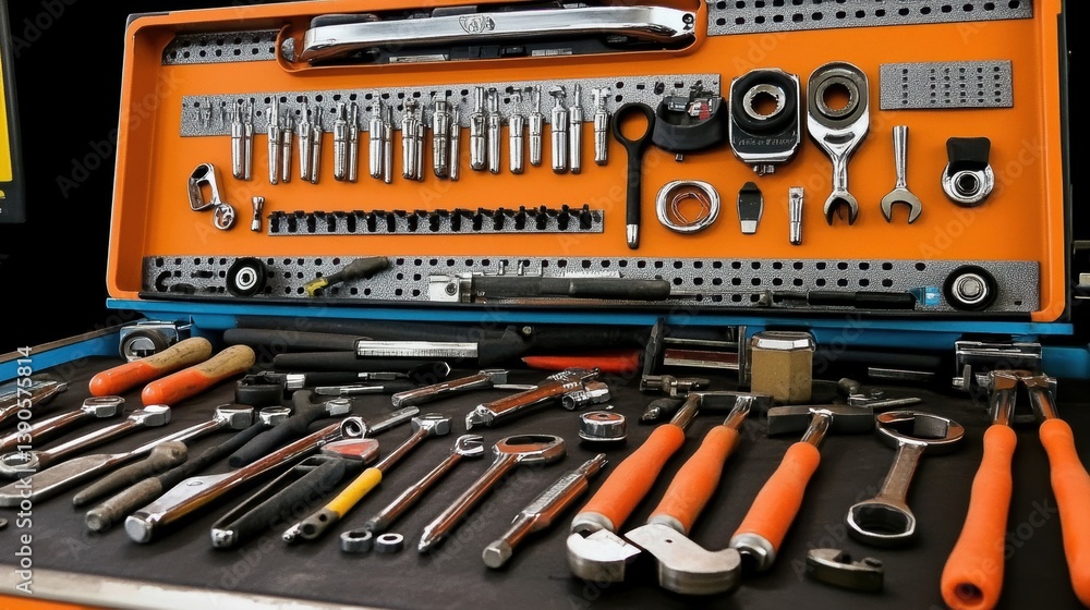 Professional mechanic tools arranged neatly in workshop toolbox Professional mechanic tools arranged neatly in workshop toolbox