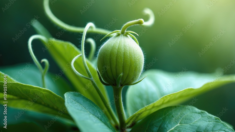 The young zucchini plants in the garden. Fresh organic produce. Macro photography of a cucumber plant tendril.