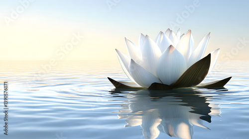 Beautiful White Lotus Bloom Resting on Calm Water - Exclusive Photography for Mindfulness, Peace, and Spiritual Symbolism
