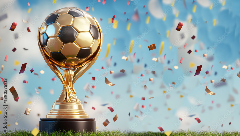 A shiny golden soccer trophy sits proudly on a grassy field. Colorful confetti flies around it, celebrating victory. This image captures the essence of sports achievement and excitement. AI