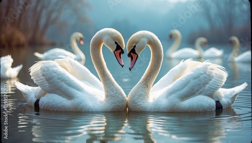 Fototapeta Naklejka Na Ścianę i Meble -  The mute swan, Two white swans woo females during the spring