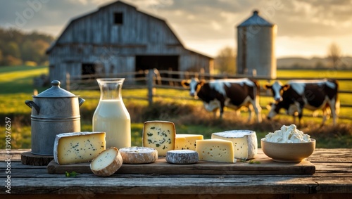 Different types of fresh natural dairy products from the farm displayed on a table.