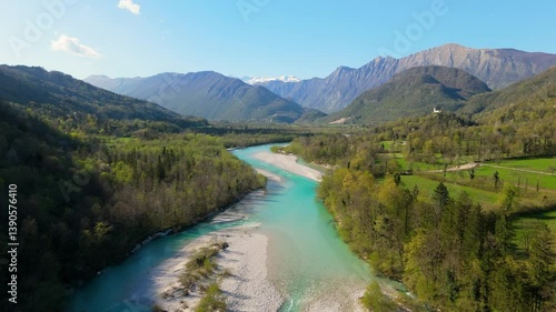 Beautiful valley of Soča with incredible blue colored river with drone video