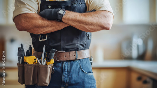 Confident handyman with arms crossed, wearing tool belt in kitchen