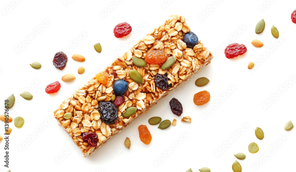 Nutritious granola bar with dried fruits and seeds. Perfect for a quick snack or healthy treat. Great for energy on the go. Ideal for fitness lovers and busy individuals. AI