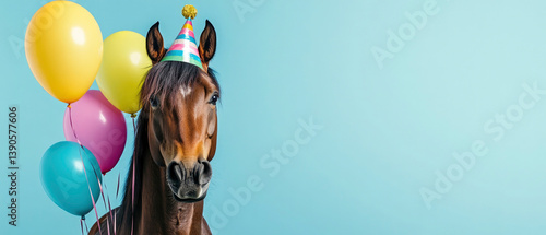 Fototapeta Naklejka Na Ścianę i Meble -  Happy Birthday, carnival, New Year's eve, sylvester or other festive celebration, funny animals card - horse with party hat and colorful balloons, pastel blue background