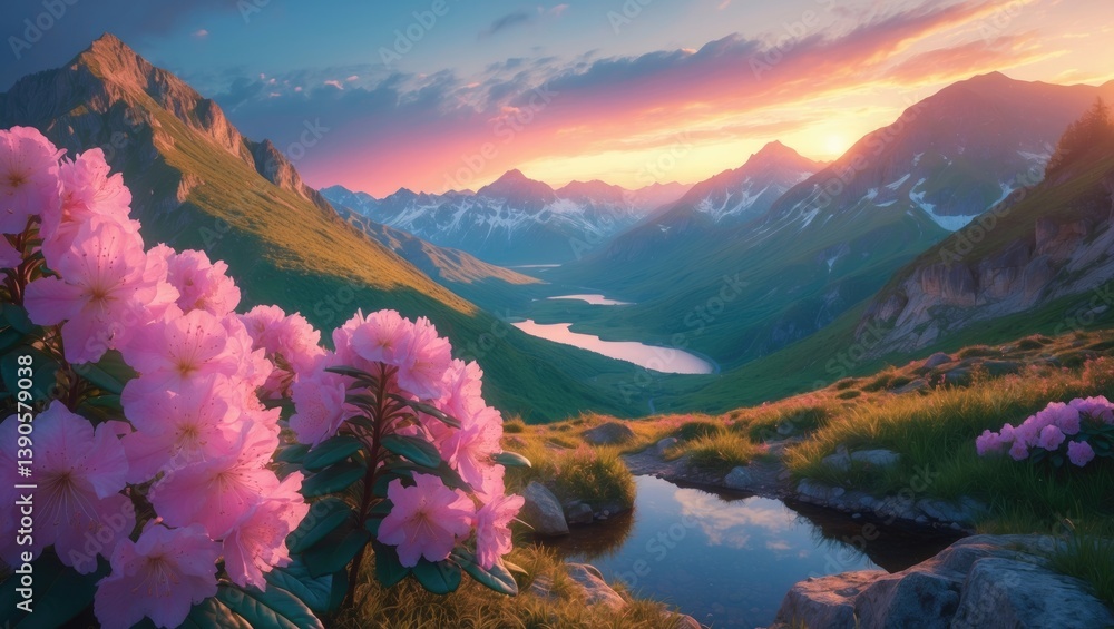 Sunrise in the mountain landscape featuring rhododendrons in the foreground. Sunrise in the mountain landscape featuring rhododendrons in the foreground.