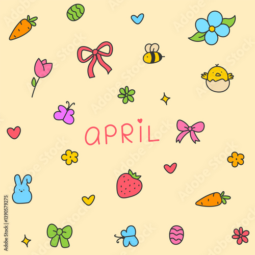 Hello April . Cute set of spring elements. Birds, flowers, insects, leaves.  flowers in bloom, geese and rabbits, vintage style, vector design. Happy Easter poster. Easter eggs and bunny in flowers 