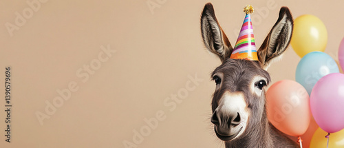 Happy Birthday, carnival, New Year's eve, sylvester or other festive celebration, funny animals card - donkey with party hat and colorful balloons, pastel brown background