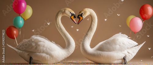 Fototapeta Naklejka Na Ścianę i Meble -  Happy Birthday, carnival, New Year's eve, sylvester or other festive celebration, funny animals card - two swans with colorful balloons, pastel brown background 