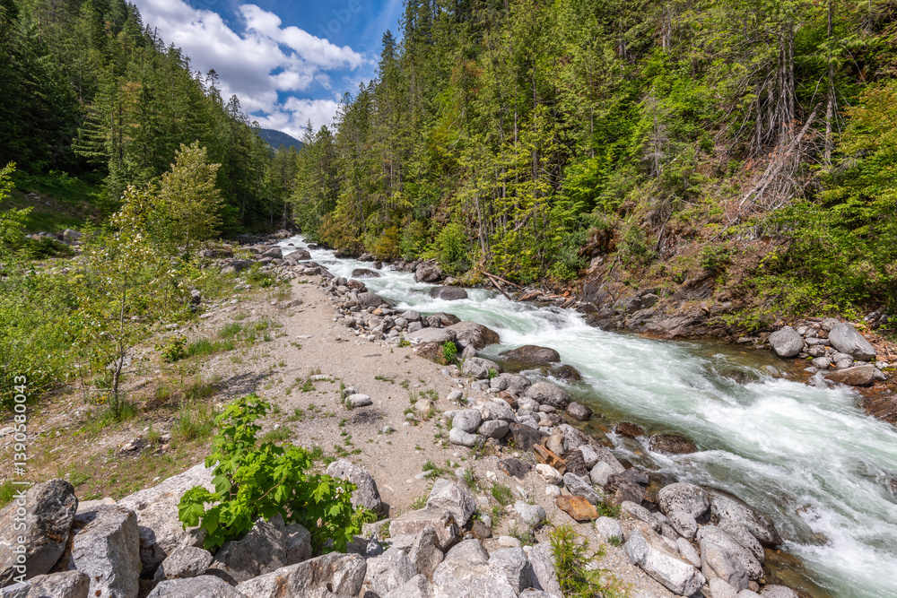 Majestic mountain creek with rocky background in Vancouver, Canada, North America. Day time on July 2024. Majestic mountain creek with rocky background in Vancouver, Canada, North America. Day time on July 2024.