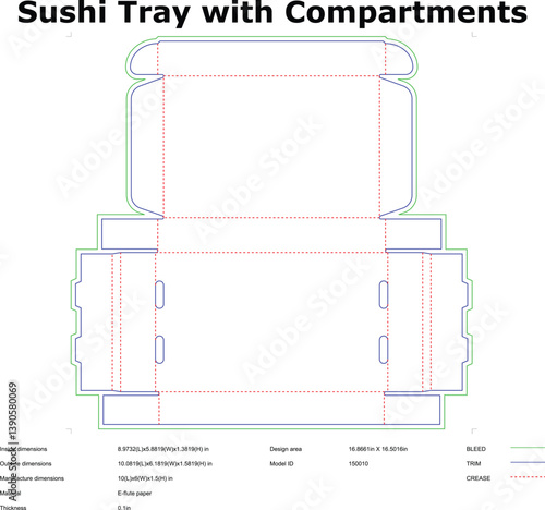 Sushi Tray Die Cut Template With Compartments For Food Packaging Design