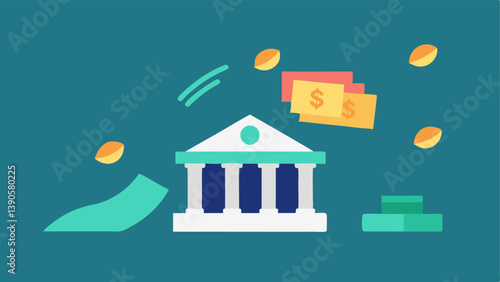 Banknotes Flowing Illustrate banknotes flowing out of a bank in response to negative rates with the tagline Stimulating Spending.