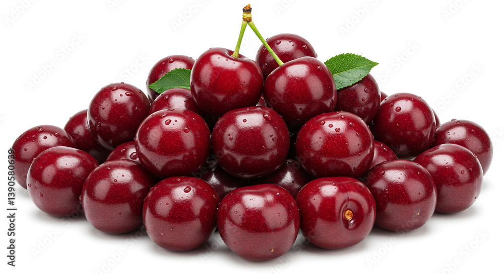 A luscious pile of ripe, dark red cherries glistening with dew, a summer harvest overflowing with juicy sweetness against a bright white background. A luscious pile of ripe, dark red cherries glistening with dew, a summer harvest overflowing with juicy sweetness against a bright white background.