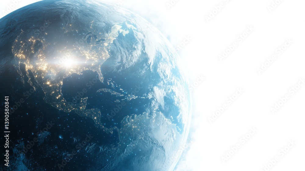 Fototapeta premium A cosmic view of Earth as atmosphere, glowing ozone layer visible from space, UV rays being reflected, ultra-realistic digital rendering, isolated on white background,