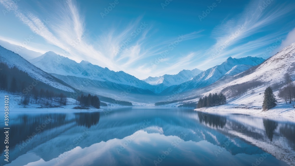 Fototapeta premium Panoramic view of a stunning white winter wonderland landscape featuring snowy mountain peaks mirrored in a crystal clear mountain lake on a chilly sunny day under a blue sky with clouds.