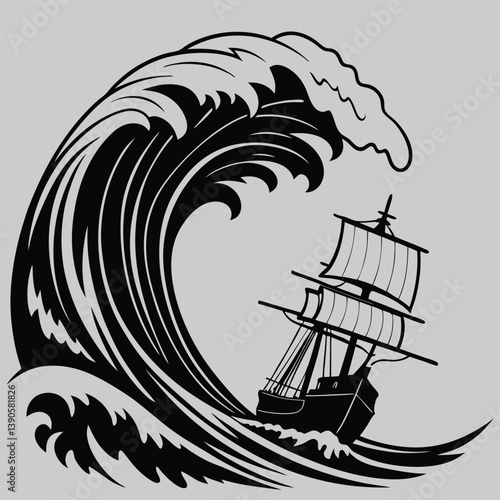A strong wave hit a ship silhouette vector design art and illustration