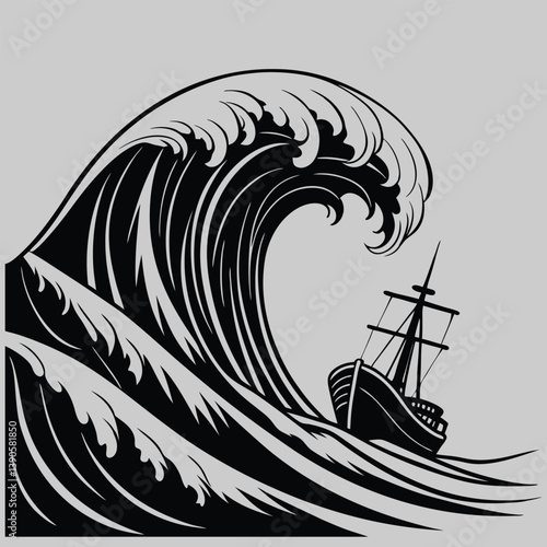 A strong wave hit a ship silhouette vector design art and illustration