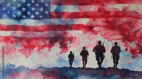 Watercolor American flag with soldier silhouettes honoring patriotic sacrifice