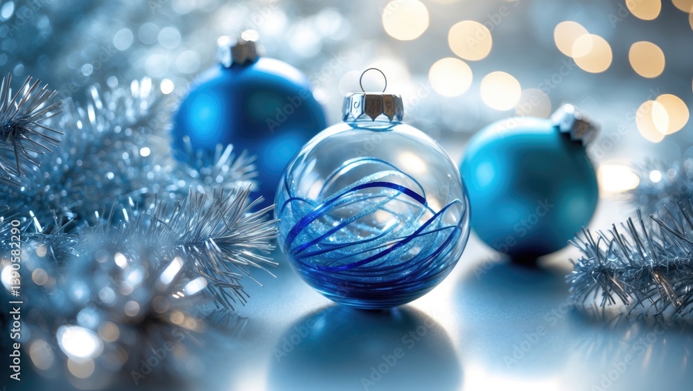 Vibrant holiday setting adorned with blue and silver decorations and room for text. Vibrant holiday setting adorned with blue and silver decorations and room for text.