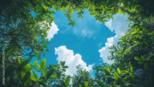 Fototapeta Naklejka Na Ścianę i Meble -  Perspective from below: blue sky and clouds seen through the treetops, surrounded by green branches.