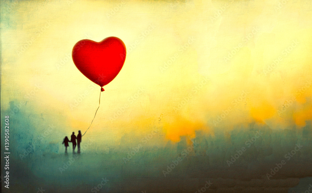 A family stands together, holding a large red heart balloon against a soft, dreamy background. This image captures love and connection. Ideal for romantic or family-themed projects. AI