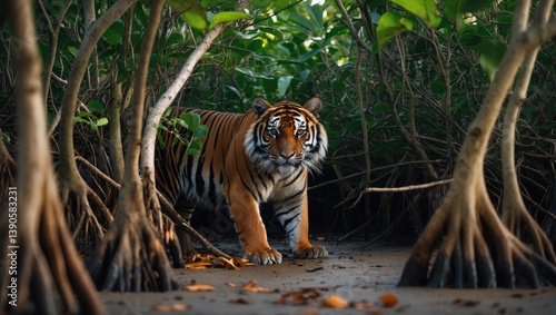 Fototapeta Naklejka Na Ścianę i Meble -  The Royal Bengal Tiger, commonly referred to as the swamp tiger.