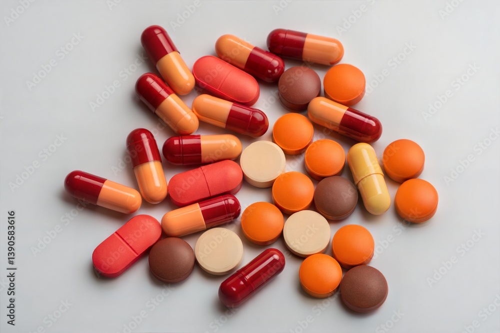 Assorted Pills and Capsules on White Background: A Representation of Pharmaceutical Diversity and Healthcare Solutions Assorted Pills and Capsules on White Background: A Representation of Pharmaceutical Diversity and Healthcare Solutions