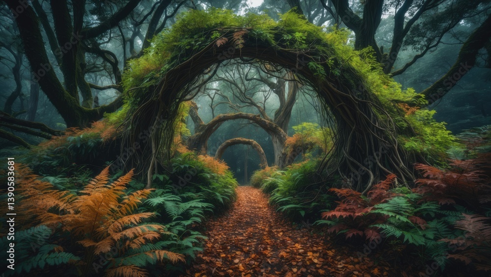 Naklejka premium A tranquil forest path is lined with towering trees and dense greenery, while the ground is blanketed in colorful leaves, creating a calming ambiance for travelers.