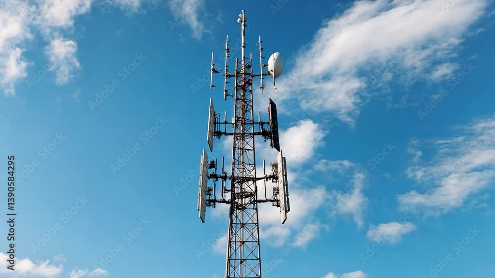 Telecommunication pole or Base Transceiver Station for cellular services under a bright blue sky with room for text in the video. Telecommunication pole or Base Transceiver Station for cellular services under a bright blue sky with room for text in the video.