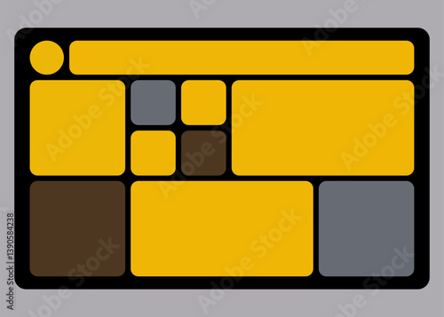 Trendy bento grid layout style brick Ui UX templates. Yellow and grey colors.Web comic grids, rounded corners. Different panel layouts with brutal shapes tiles of different sizes Vector illustration	
