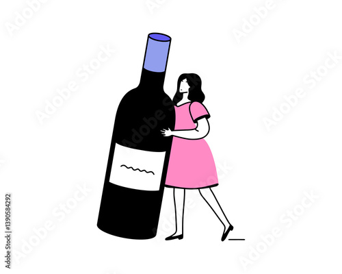 A young woman with a huge bottle of red wine. Can be used for wine festival, booklets, invitations and more. Vector.
