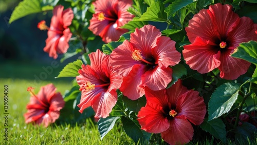 Hibiscus flowers blooming in bright red