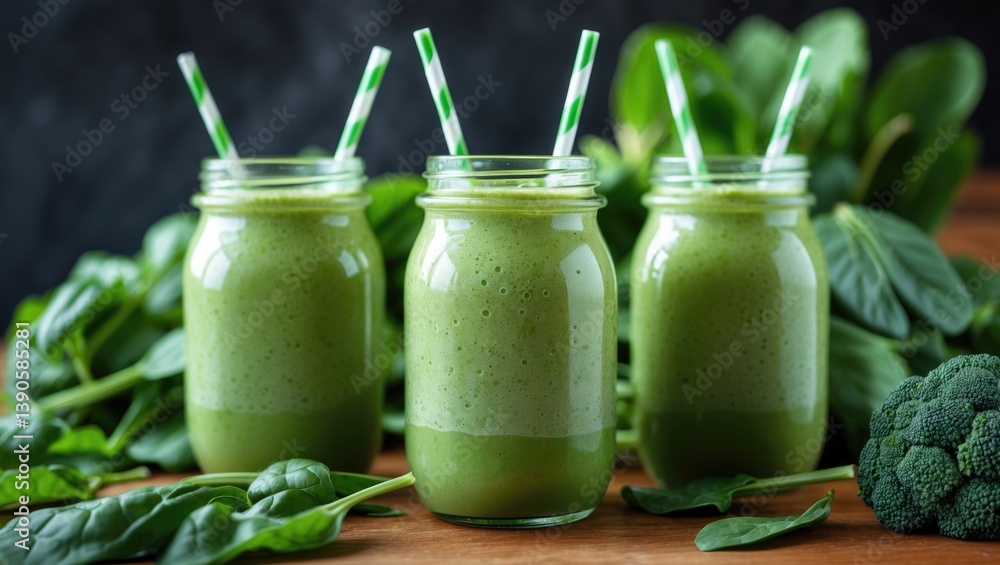 Tabletop display of ingredients for green smoothie blend Tabletop display of ingredients for green smoothie blend