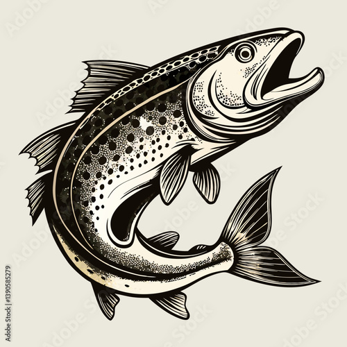 Detailed monochrome drawing of a trout jumping upwards with its mouth open on a light backdrop
