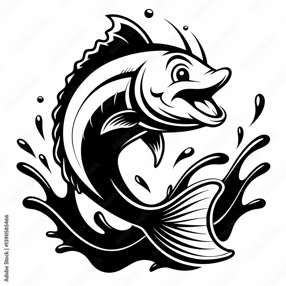 Obraz premium Cartoon illustration of a fish jumping out of the water with a splash in monochrome style design