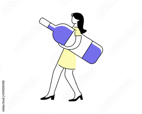 A young woman with a huge bottle of red wine. Can be used for wine festival, booklets, invitations and more. Vector.