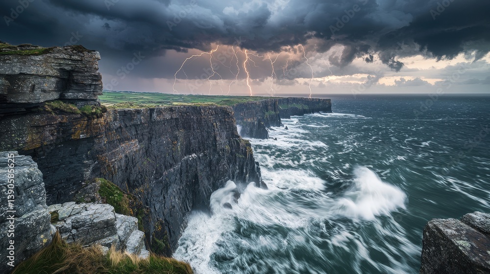 Dramatic stormy coastal landscape with lightning and crashing waves Dramatic stormy coastal landscape with lightning and crashing waves