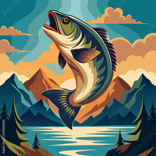 Large mouth bass fish leaping from water with mountains and trees in the background illustration