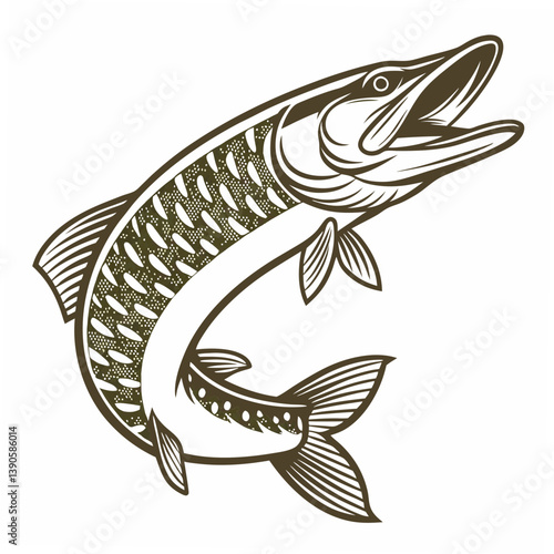 Illustration of a northern pike with an open mouth and detailed fins on a white canvas surface view