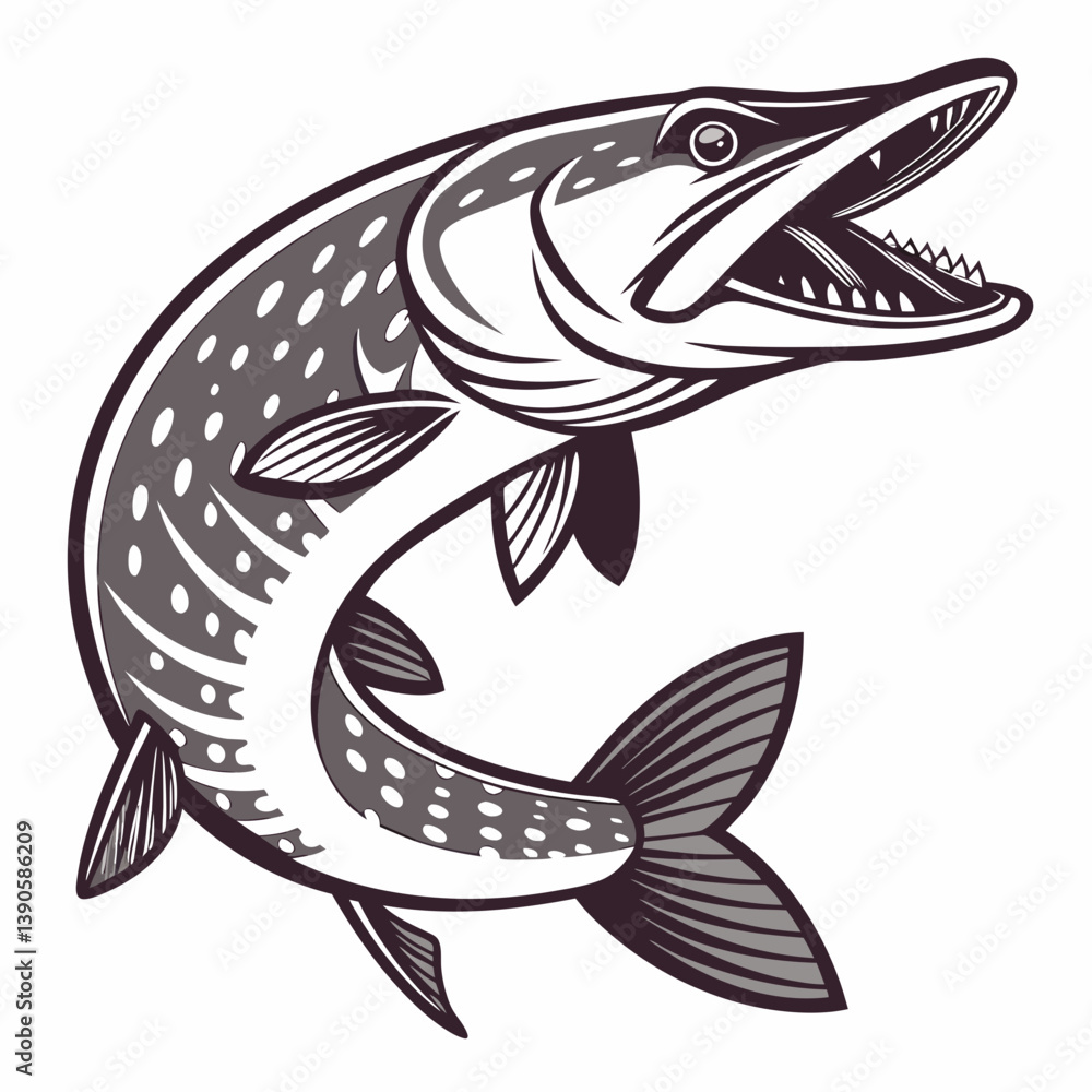 Naklejka premium Stylized pike fish with open mouth and visible teeth in monochrome vector illustration design art work