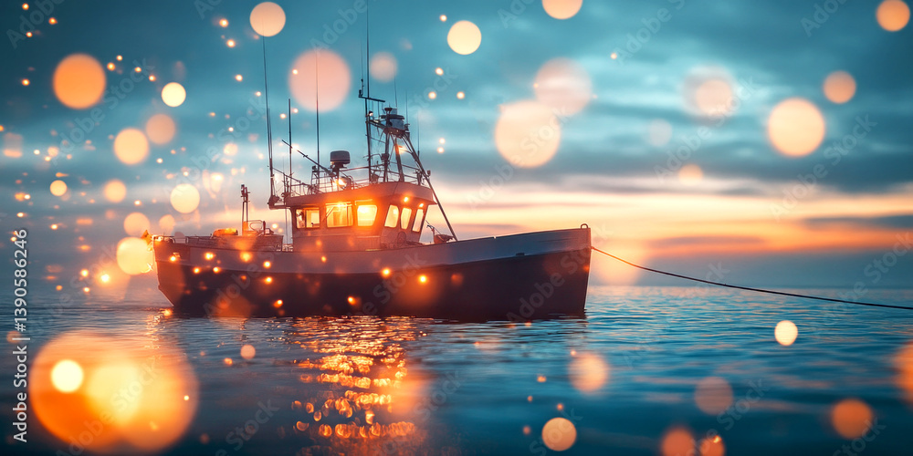 A serene fishing boat glides through tranquil waters at sunset. Soft lights create a magical atmosphere. The image captures peace and adventure on the open sea. AI.