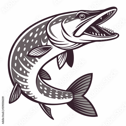 Stylized pike fish with open mouth and visible teeth in monochrome vector illustration design art work