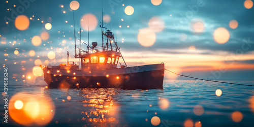 Obraz na płótnie A serene fishing boat glides through tranquil waters at sunset. Soft lights create a magical atmosphere. The image captures peace and adventure on the open sea. AI. w salonie