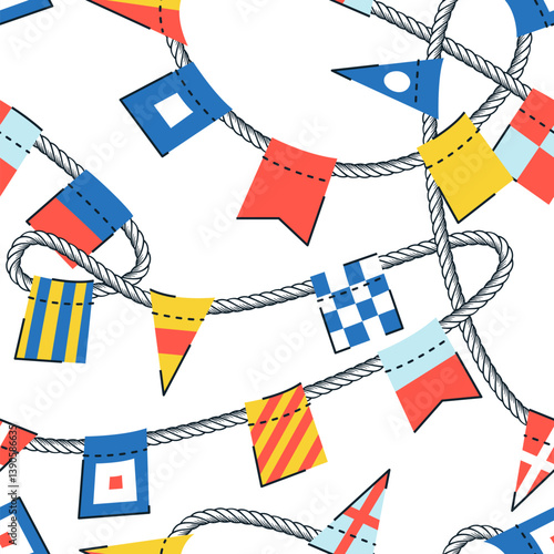 Nautical flags, rope seamless pattern. Vector illustration. Marine yacht summer textile print, fabric, wrapping paper