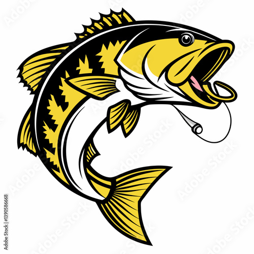 Illustration of a leaping bass fish with hook and line in yellow and black color scheme design vector art
