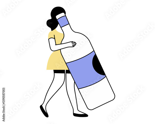 A young woman with a huge bottle of red wine. Can be used for wine festival, booklets, invitations and more. Vector.